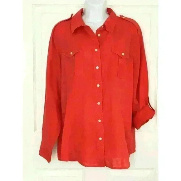 Chicos 2 top button front roll tab sleeves linen blend epaulettes pockets orange - Picture 1 of 7